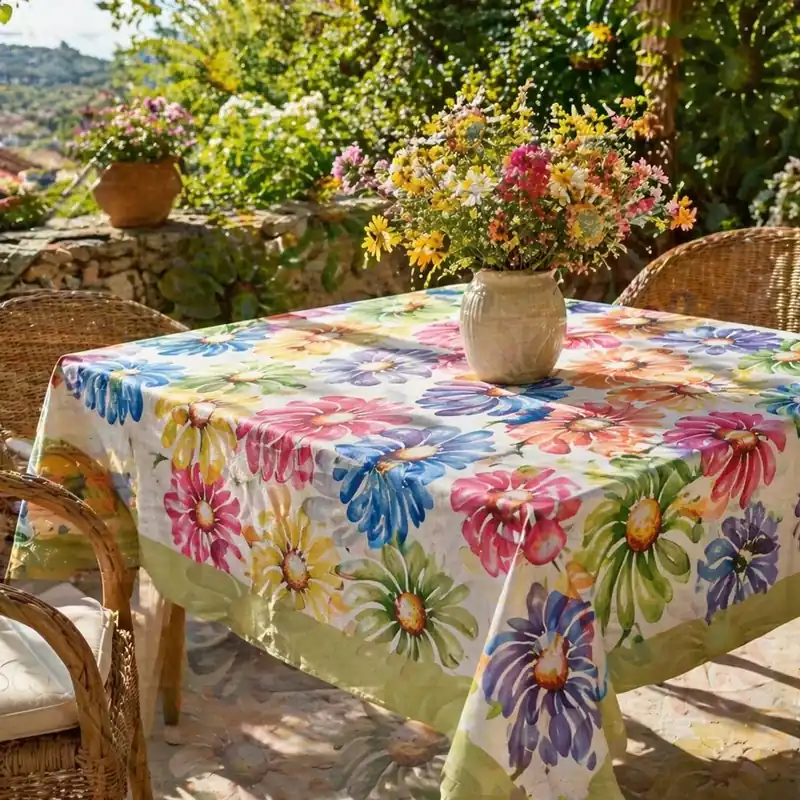 Tovaglia Rettangolare 12 Posti 140x270 Floreale Effetto Lino
