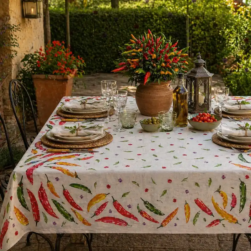 Tovaglia primaverile rettangolare x12 persone effetto lino Peperoncino