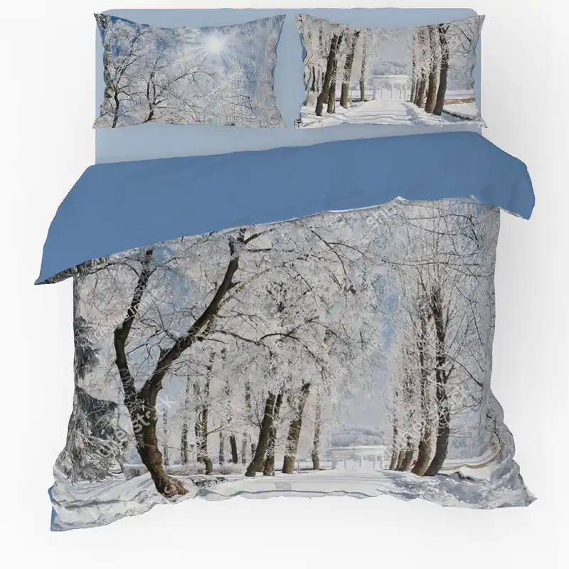 Set copripiumino Matrimoniale e Federe ARBRES azzurro con neve