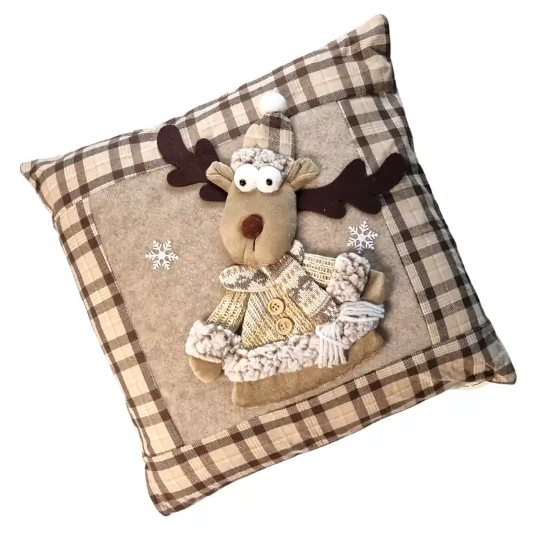 Cuscino NATALE arredo da divano 40x40 cm Renna beige ricamato