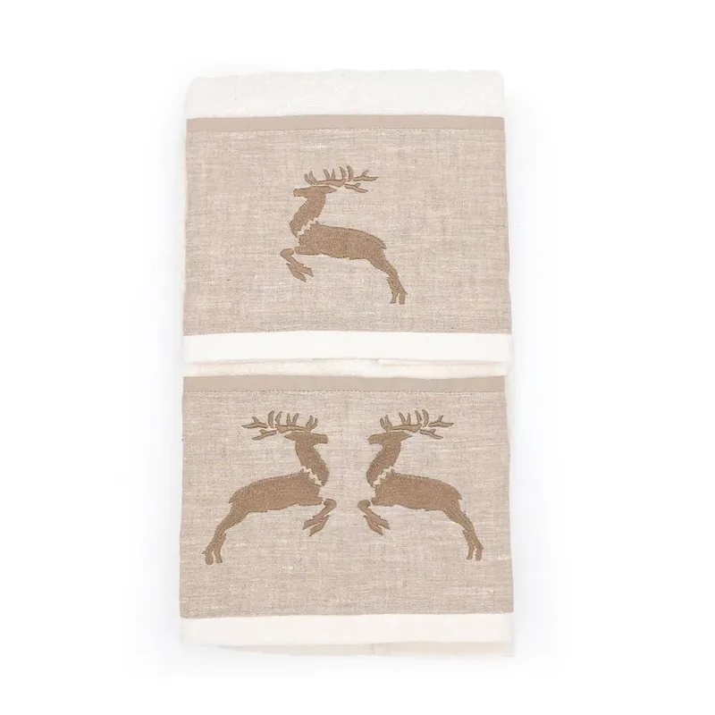 Asciugamani in cotone medio+ospite Renne beige balza in lino