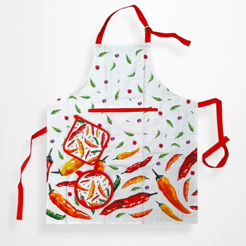 Set cucina - 1 grembiule + coppia di presine CHILI rosso