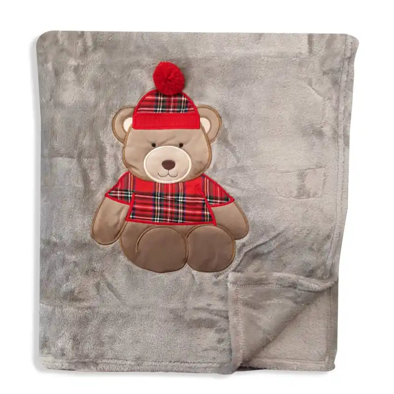 Plaid in pile 130x160 Orsetto Teddy grigio con ricamo applicato