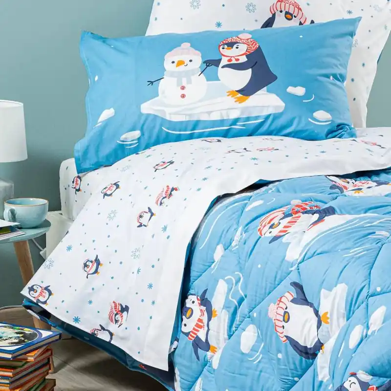 Set lenzuola Pinguini di Caleffi per letto singolo Colore Azzurro Bianco