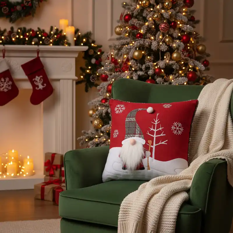 Cuscino NATALE arredo da divano 40x40 cm Gnomo rosso ricamato