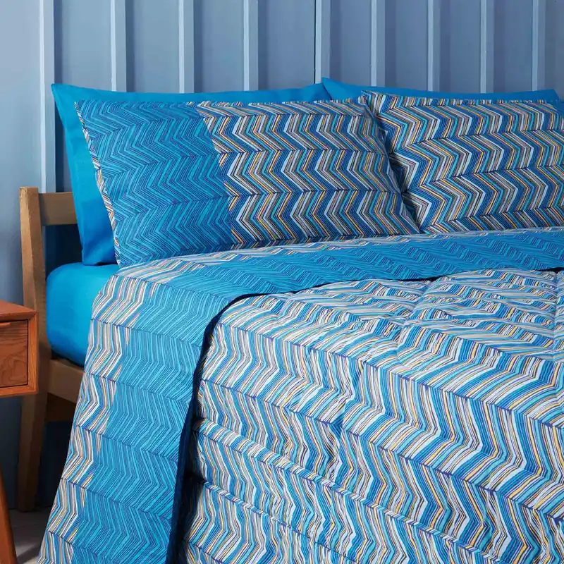 Parure letto matrimoniale Bassetti ZIG ZAG BLU con sotto e 4 federe