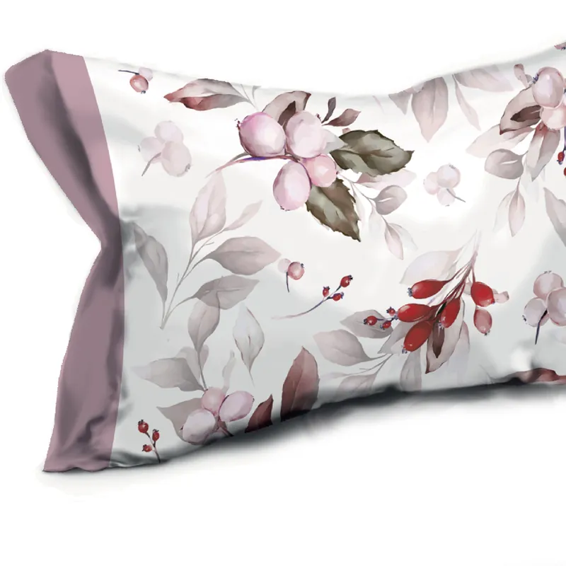 Completo lenzuola matrimoniali in cotone bianco a fiori malva