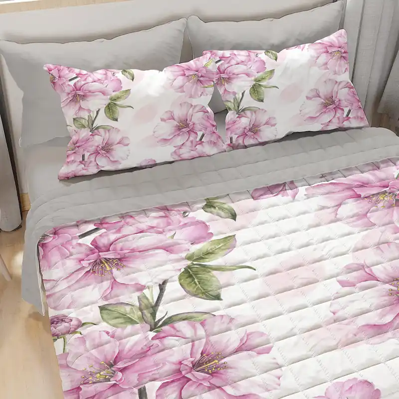 Copriletto trapuntato Primaverile matrimoniale Becka fiori rosa