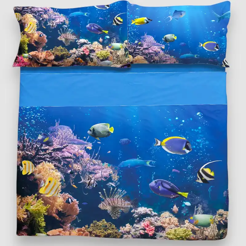 Lenzuola-copriletto in cotone Matrimoniale REEF fantasia marina