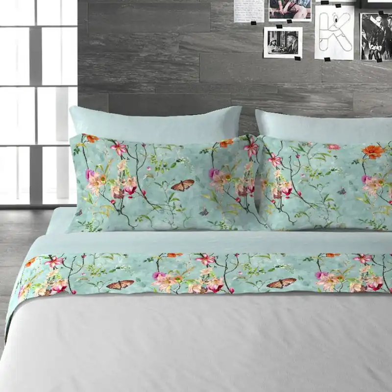 Lenzuola matrimoniali in cotone DIAMOND AGE Fiori e farfalle acqua