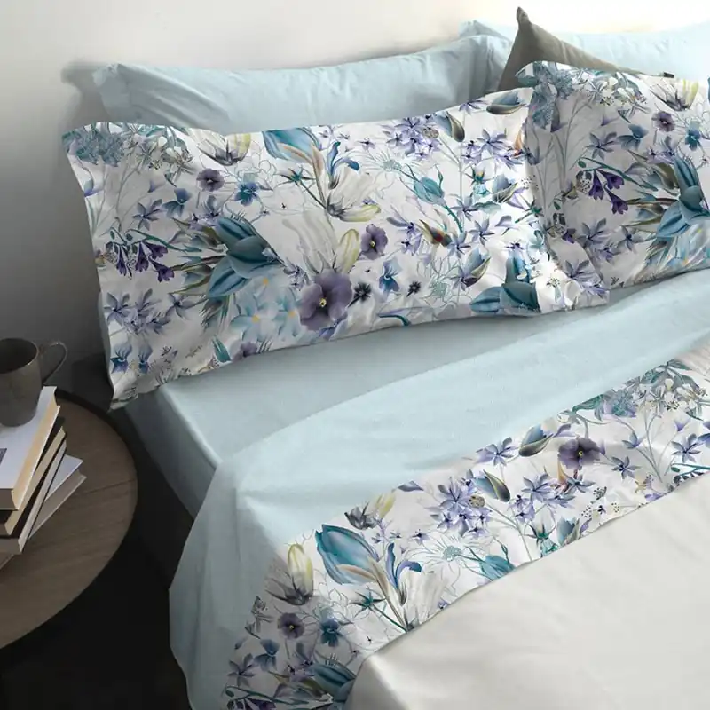 Lenzuola matrimoniali in cotone Herbarium Azzurro stampa digitale