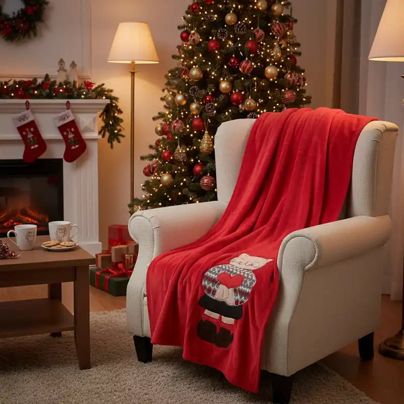 Coperta plaid da divano 130x160 con ricamo Gatto Miao fondo rosso