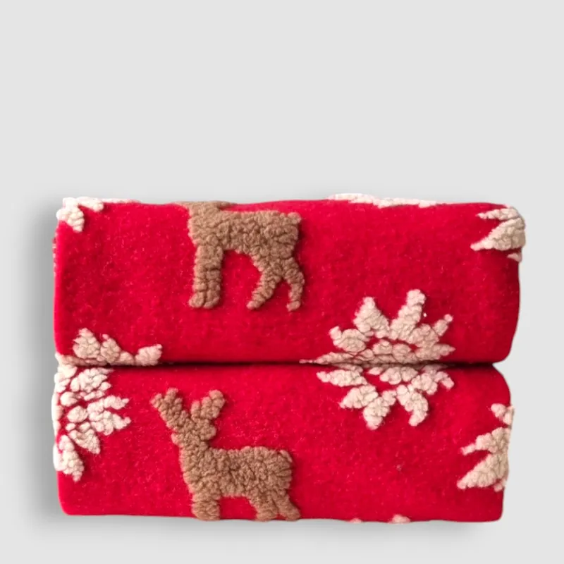 Plaid in Lana Cotta Rosso Natale con Cervi e fiocchi - Soffice e Accogliente per Casa