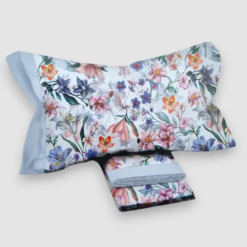 Lenzuola floreali completo matrimoniale in cotone AIMO azzurro