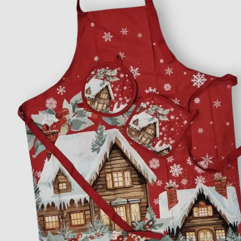 Set da cucina grembiule + 2 presine in cotone HOGAR Natalizio rosso