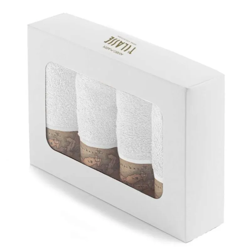 Alviero Martini set 4 lavette bagno 30x30 in spugna GEO CLASSIC bianco