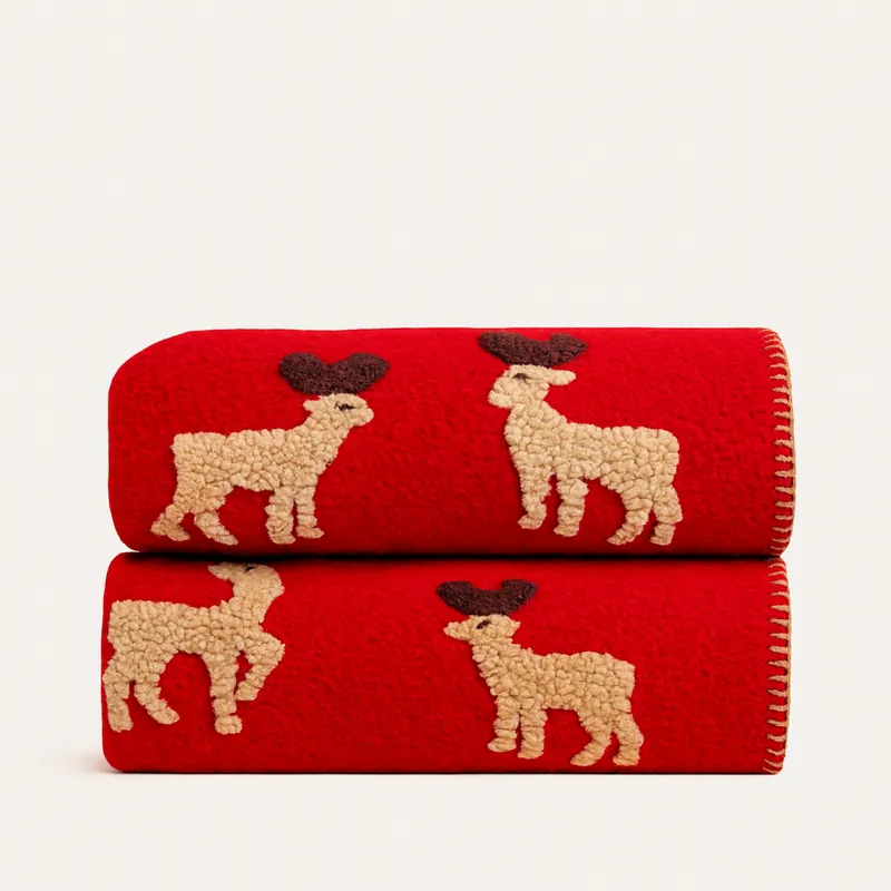 Plaid in Lana Cotta rosso con Cervi fondo rosso Natale - Soffice e Accogliente