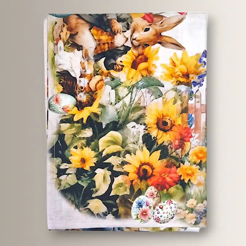 Tovaglia di PASQUA in puro cotone rettangolare Girasoli e Coniglietti