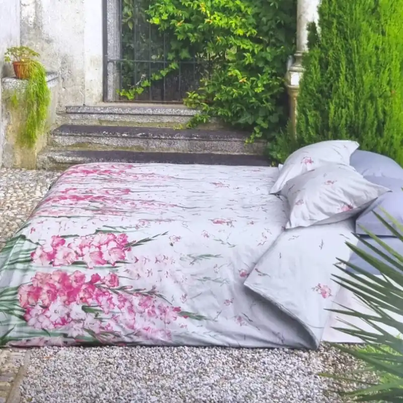 Lenzuola-copriletto matrimoniali MIRABELLO percalle Gladioli rosa