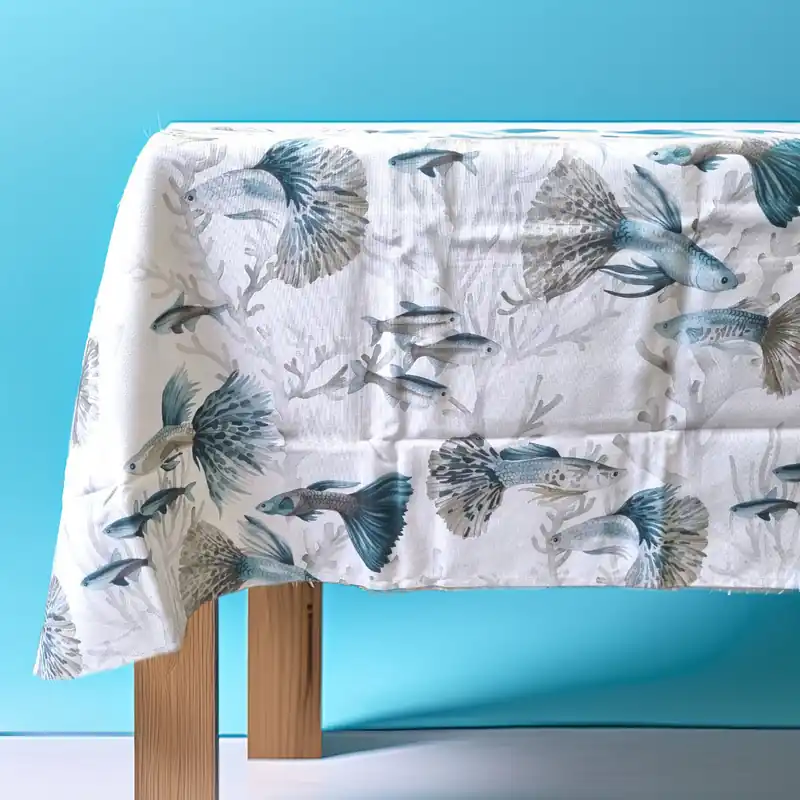 Tovaglia estiva in Puro cotone REEF azzurro fantasia marina pesci