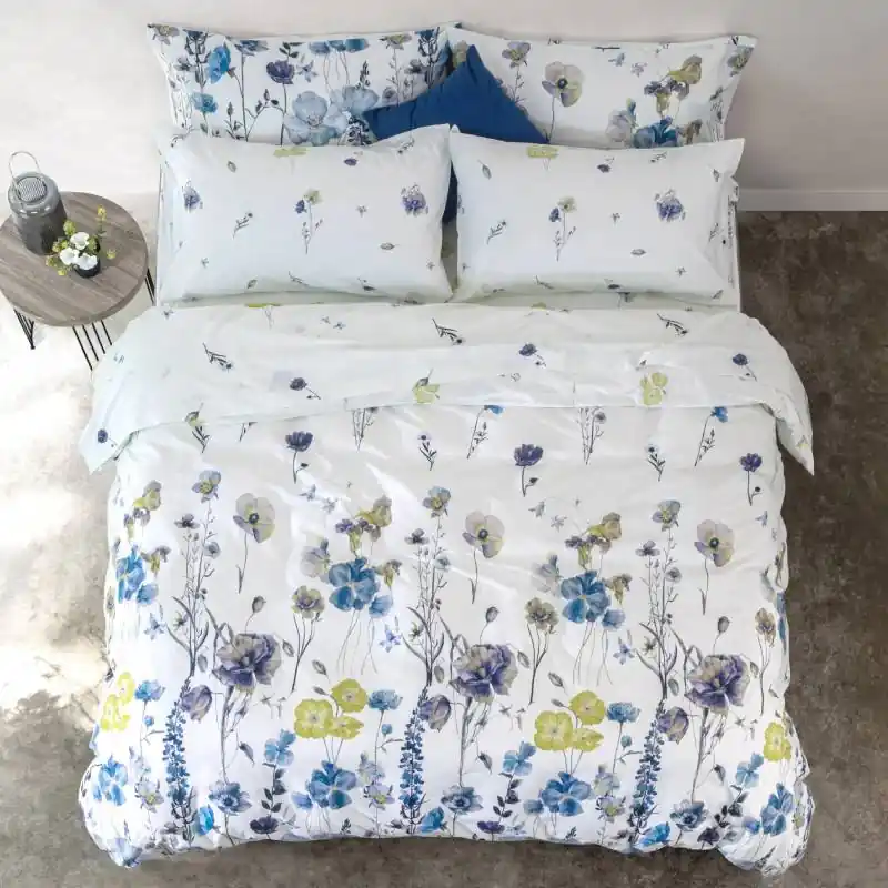 Copripiumino e federe in cotone matrimoniale Day Dream floreale blu