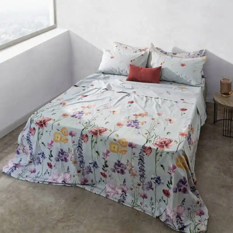 Lenzuola-copriletto matrimoniali in cotone Day Dream floreale azzurro