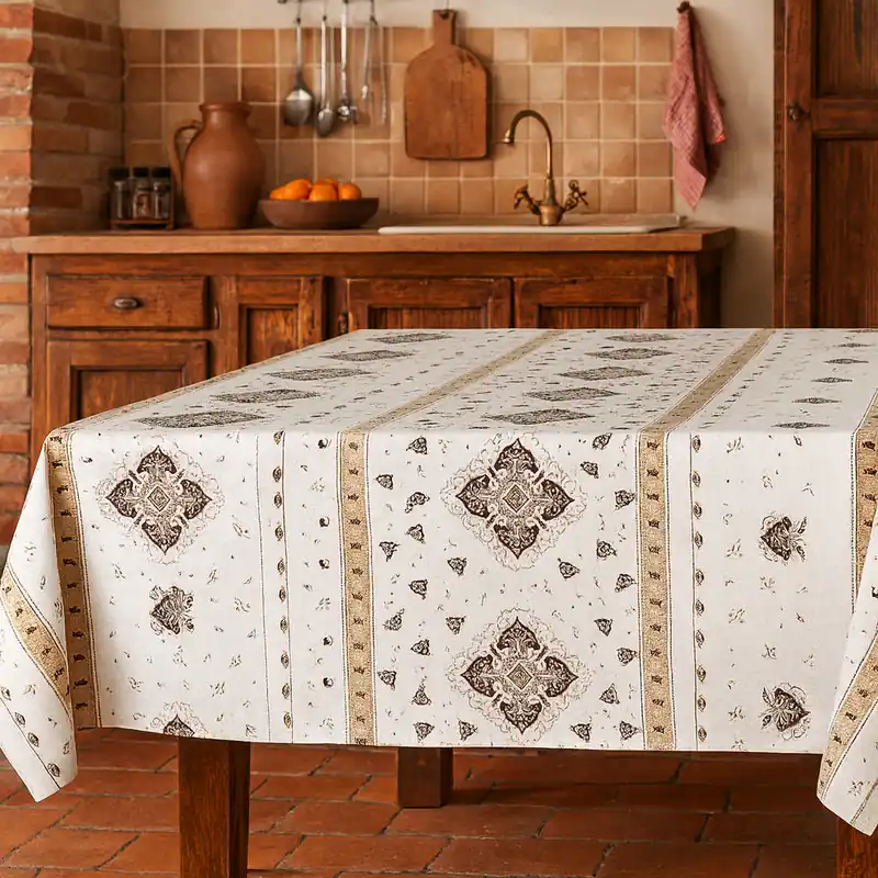 Tovaglia rettangolare con stampa romagnola 140x240 cm blu e tortora