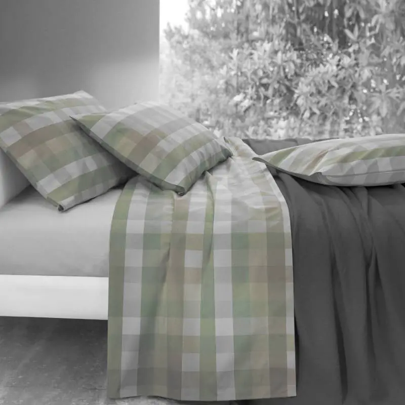 Lenzuola in puro cotone matrimoniali GABEL Brasilia quadretti grigio verde