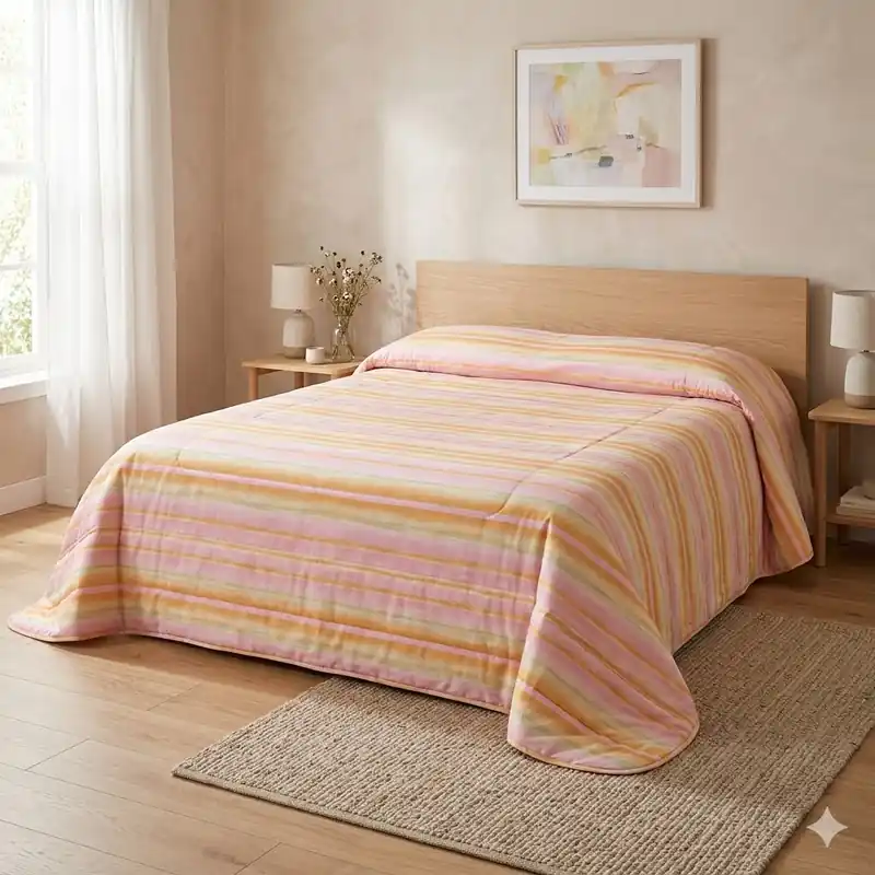 Copriletto primaverile matrimoniale in cotone Heritage 4044 righe rosa