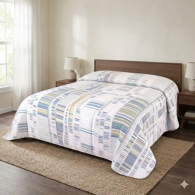 Copriletto primaverile matrimoniale in cotone Day Dream 2402 righe bluette