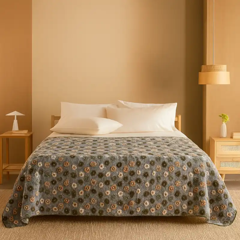Coperta in Lana Cotta Margherite fondo grigio matrimoniale 250x220 cm