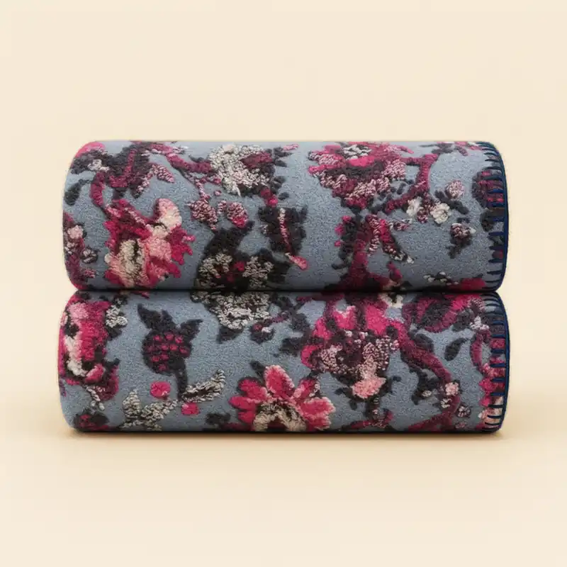 Plaid lana cotta 150x170 cm con motivo floreale-ramage fondo avio