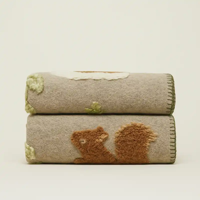 Plaid in lana cotta 150x170 cm Abeti e scoiattoli fondo tortora