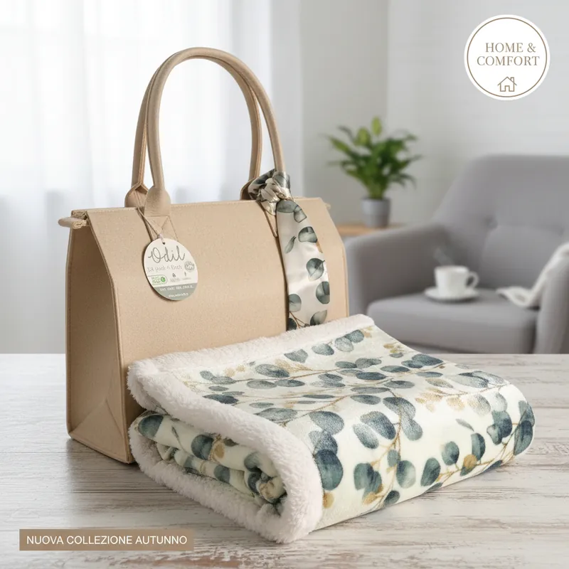 Plaid Sherpa ODIL soffice coperta Foliage 130x160 con borsa