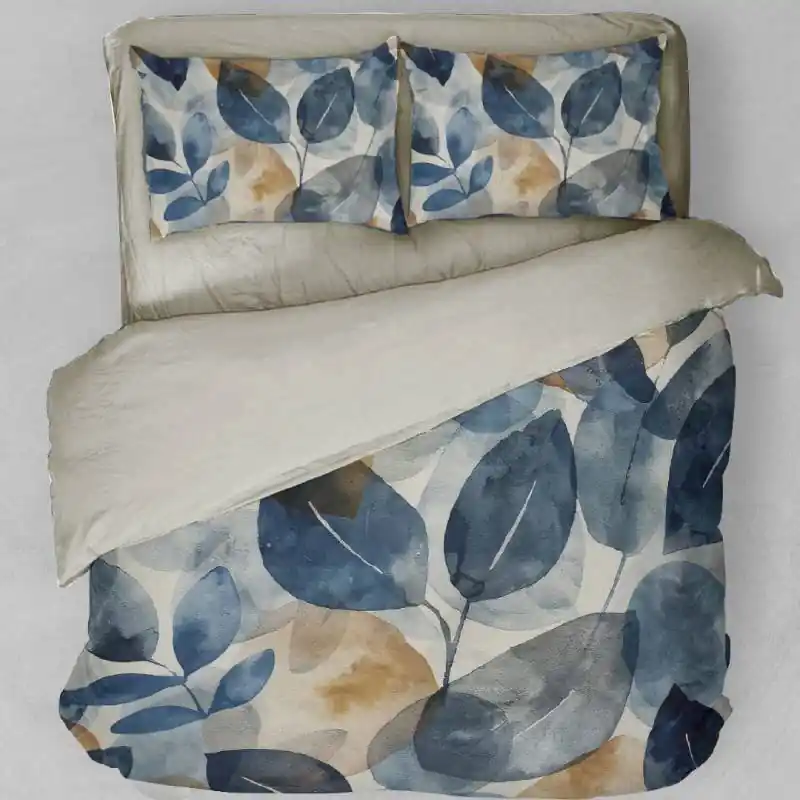 Copripiumino e federe matrimoniali in raso Astriel foliage blu e oro
