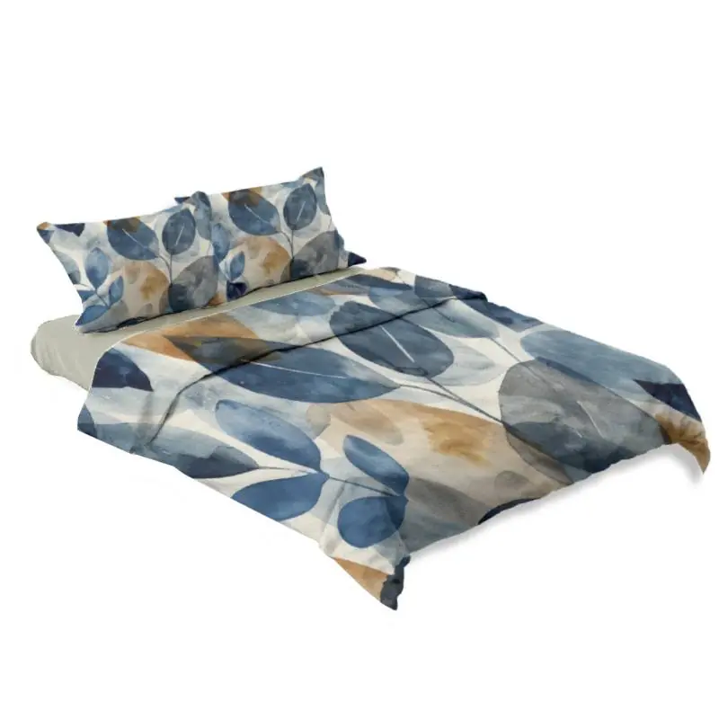 Lenzuola-copriletto matrimoniali in raso Astriel foliage blu e oro