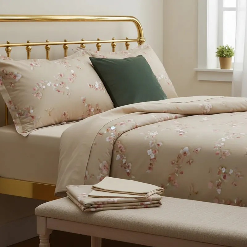 Lenzuola-copriletto Matrimoniale in raso RANDI ALMOND beige floreale