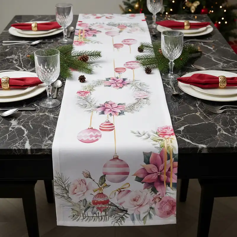 Runner Natalizio in puro cotone Piazza Pitti Charm rosa 50x140 cm