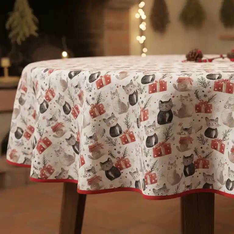 Tovaglia di Natale Gatti Rotonda in Cotone 180 cm