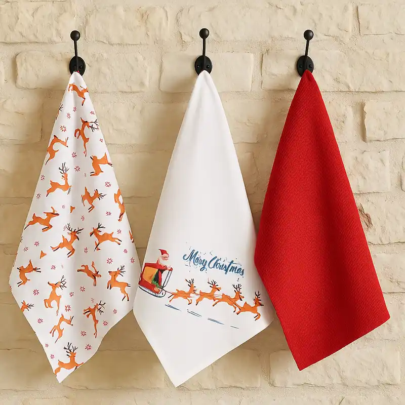 Set 3x strofinacci da cucina canovacci Natalizi Renne in cotone