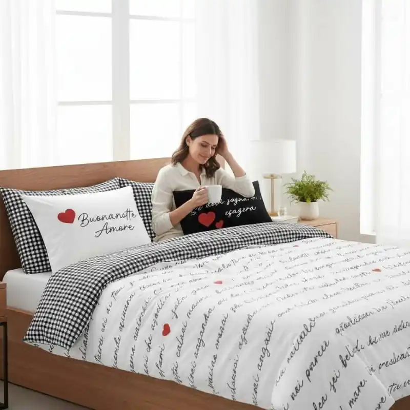 Set Copripiumino Camomilla 100% raso Solo Cuore black&white