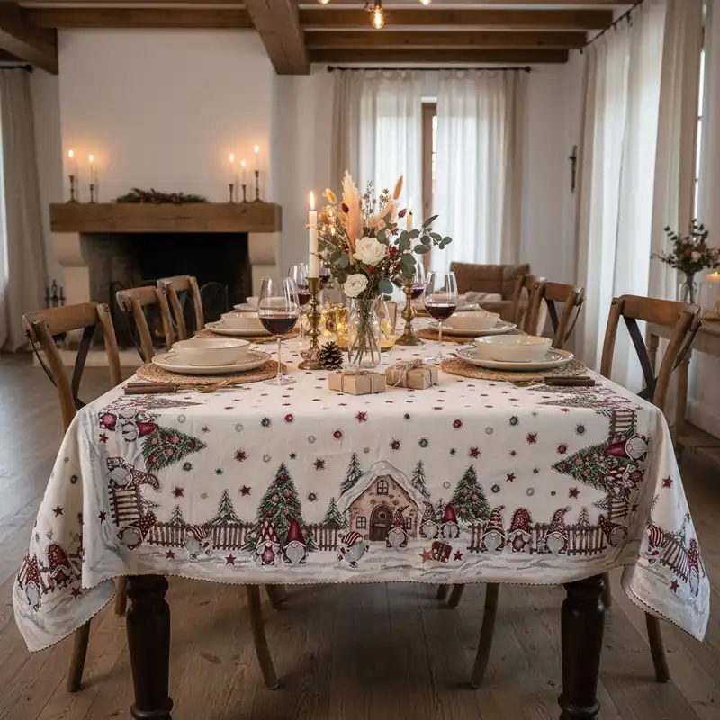 Tovaglia rettangolare Natalizia piazzata in Gobelin gnomi rosso jacquard