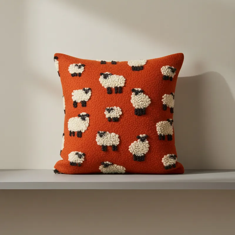 Cuscino in Lana Cotta 50x50 Pecorelle su Fondo Ruggine Stile Montagna