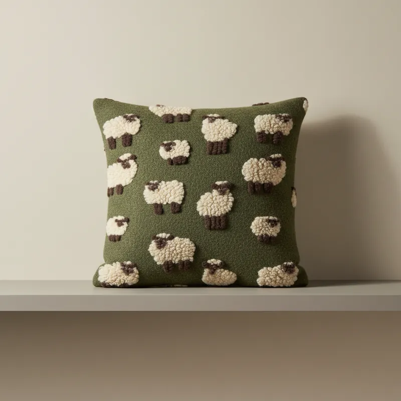 Cuscino in Lana Cotta 50x50 Pecorelle su Fondo Verde Stile Montagna