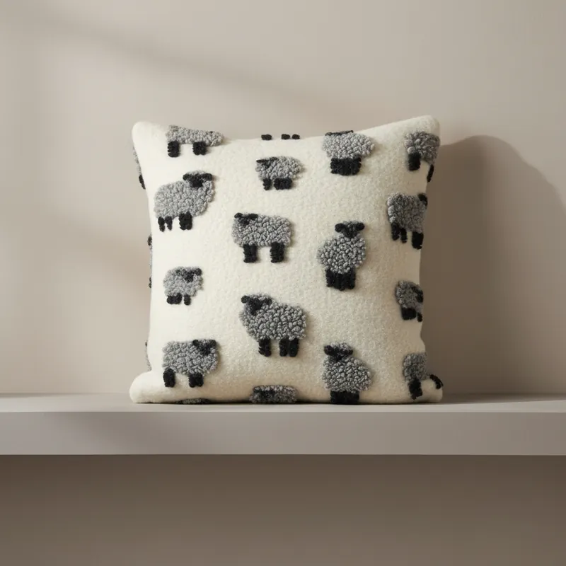 Cuscino in Lana Cotta 50x50 Pecorelle Grigie su Fondo Avorio Stile Chalet
