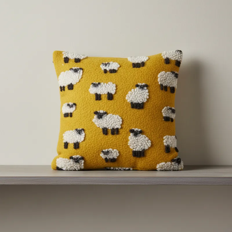 Cuscino in Lana Cotta 50x50 Pecorelle su Fondo Giallo Senape - Stile Chalet