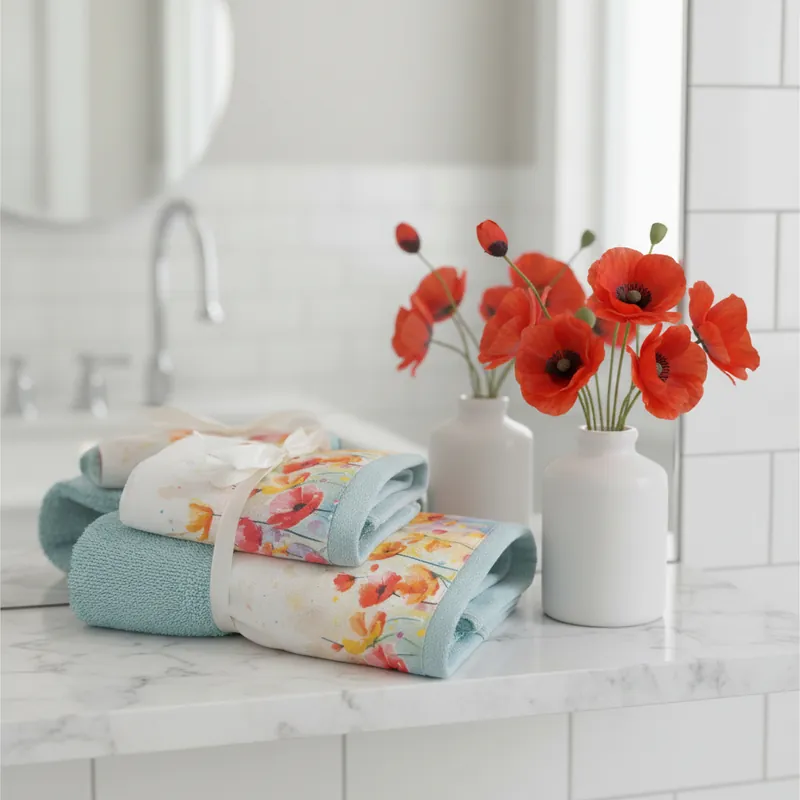 Set Asciugamani viso e ospite con bordo applicato Papaveri acqua