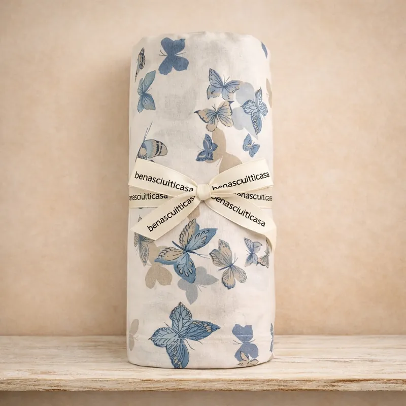 Lenzuola Matrimoniali completo in puro cotone Farfalle a primavera Blu