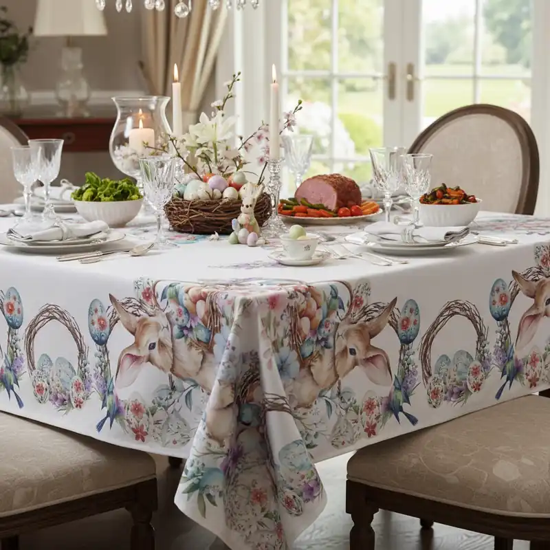 Tovaglia Pasqua 150x180 cm x6 posti Uova e Coniglietti 100% cotone