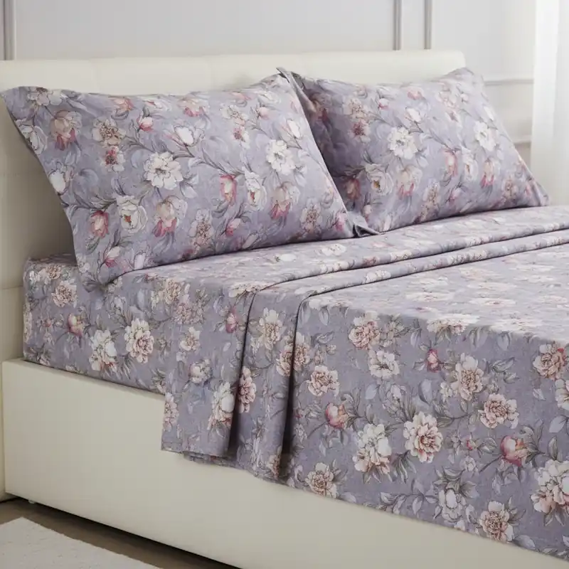 Completo lenzuola matrimoniali puro cotone ISOLDE floreale grigio